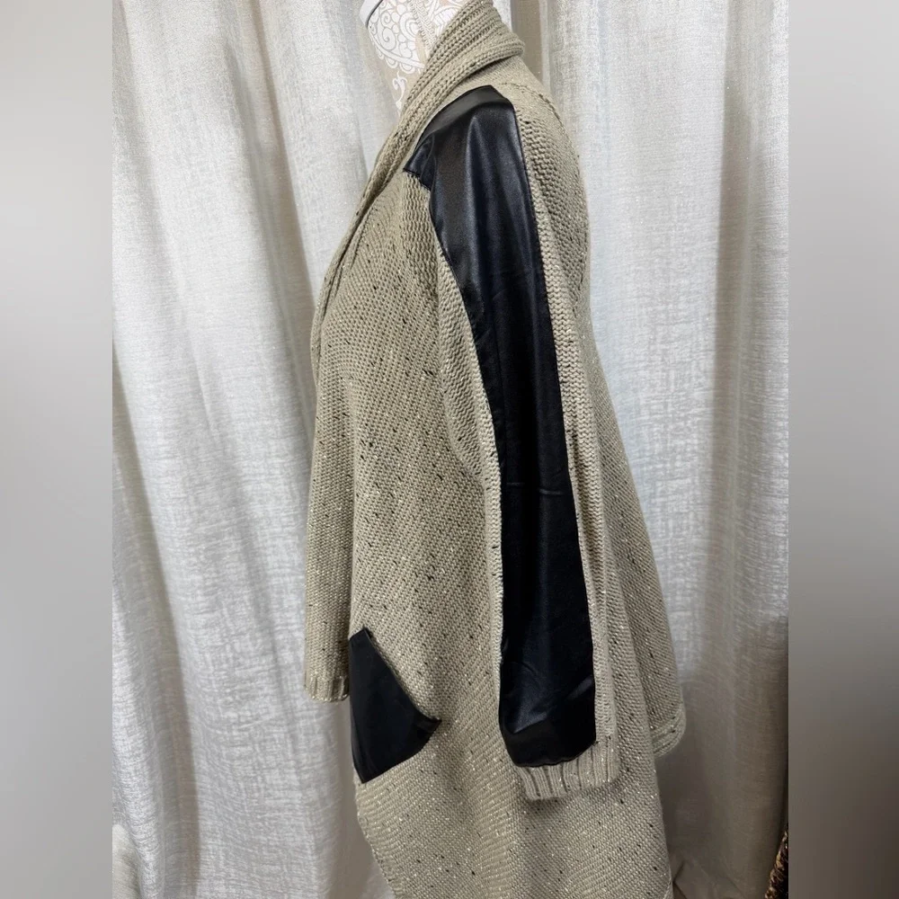 YAIRA Taupe Knit Open-Front Cardigan with Faux Leather Trim (Size L) - Picture 8 of 9